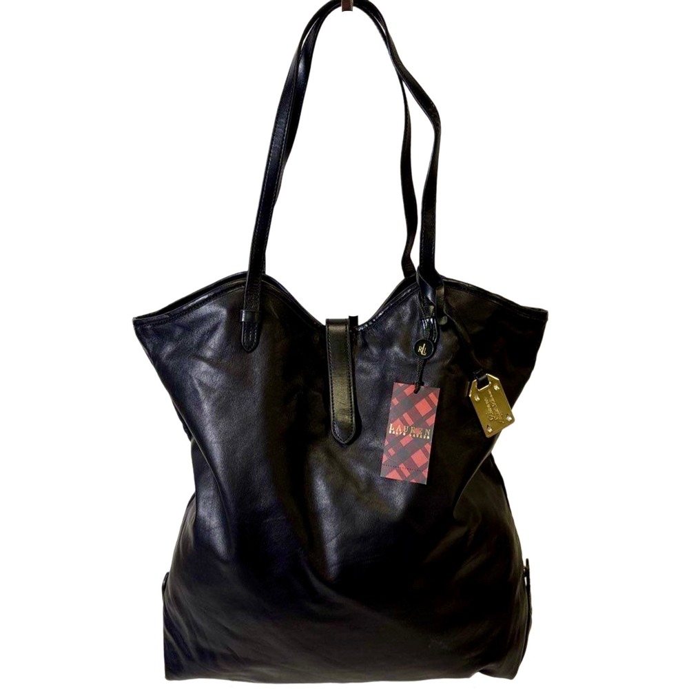 NWT Lauren Ralph Lauren Promenade Faux Leather Large Black Tote Gold Charm $168